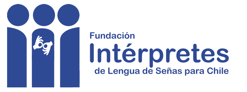 Logo Fundación intérpretes para Chile. En el logo se muestran tres personas, en la que la persona del medio tiene el símbolo de la lengua de señas, simbolizando el vínculo que éstas generan entre las otras dos personas.